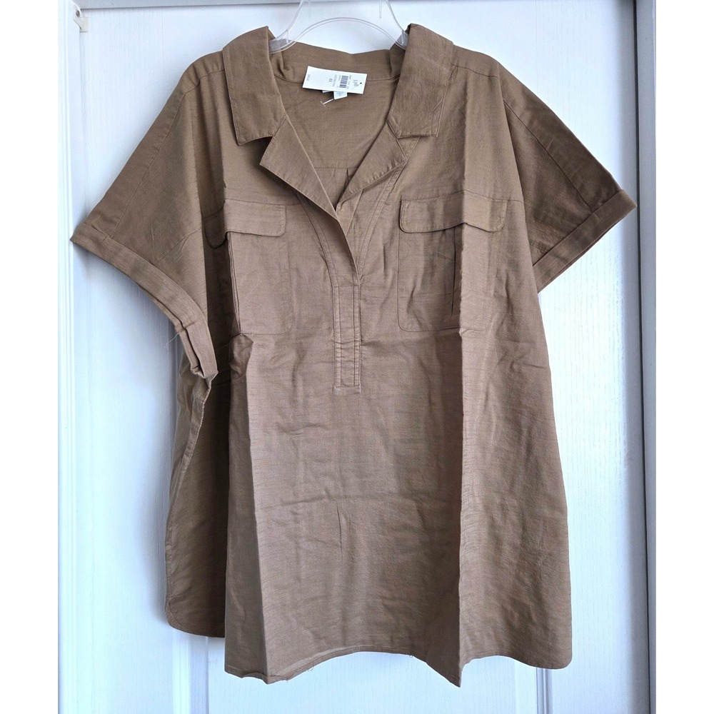 J. Jill Coconut Shell Brown Cotton Slub Popover Utility Tunic Top Sz 4X NEW